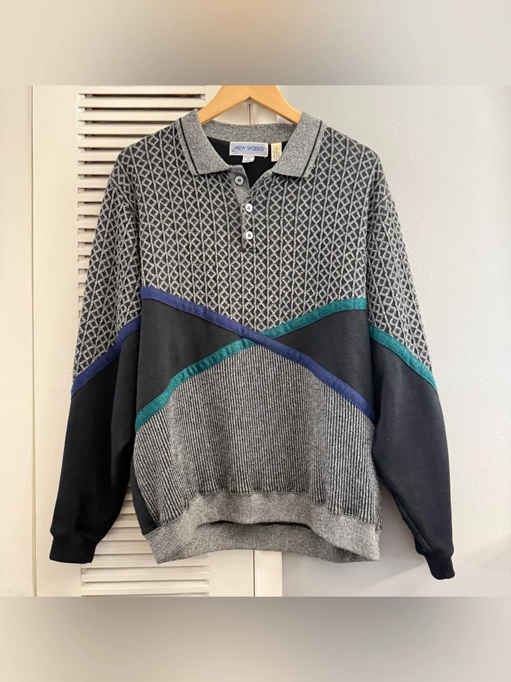 Vintage 90’s NEW WORKS Button-Up Knit Sweater Black / Grey Sz Large